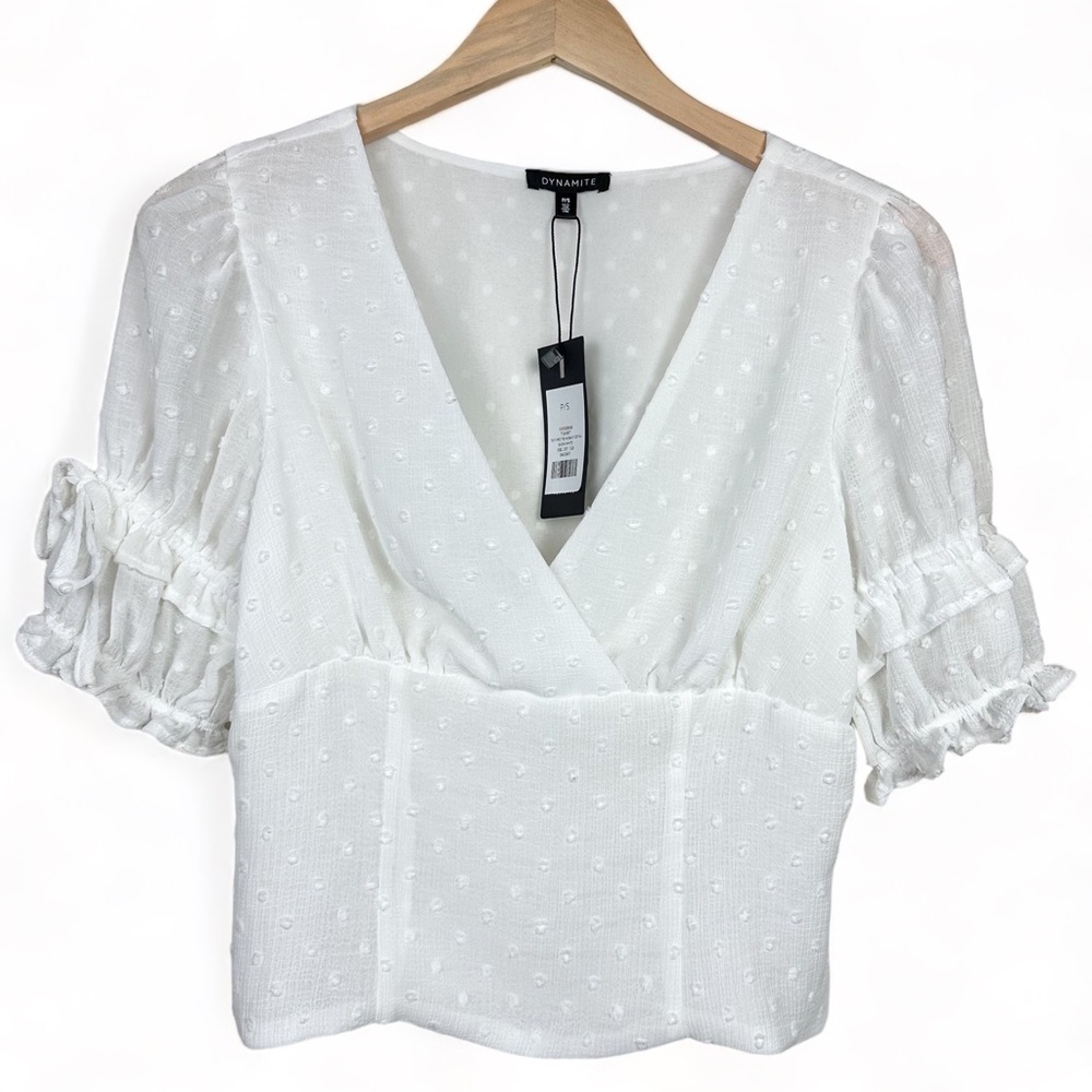 Dynamite White Puff Sleeve Cinched Blouse